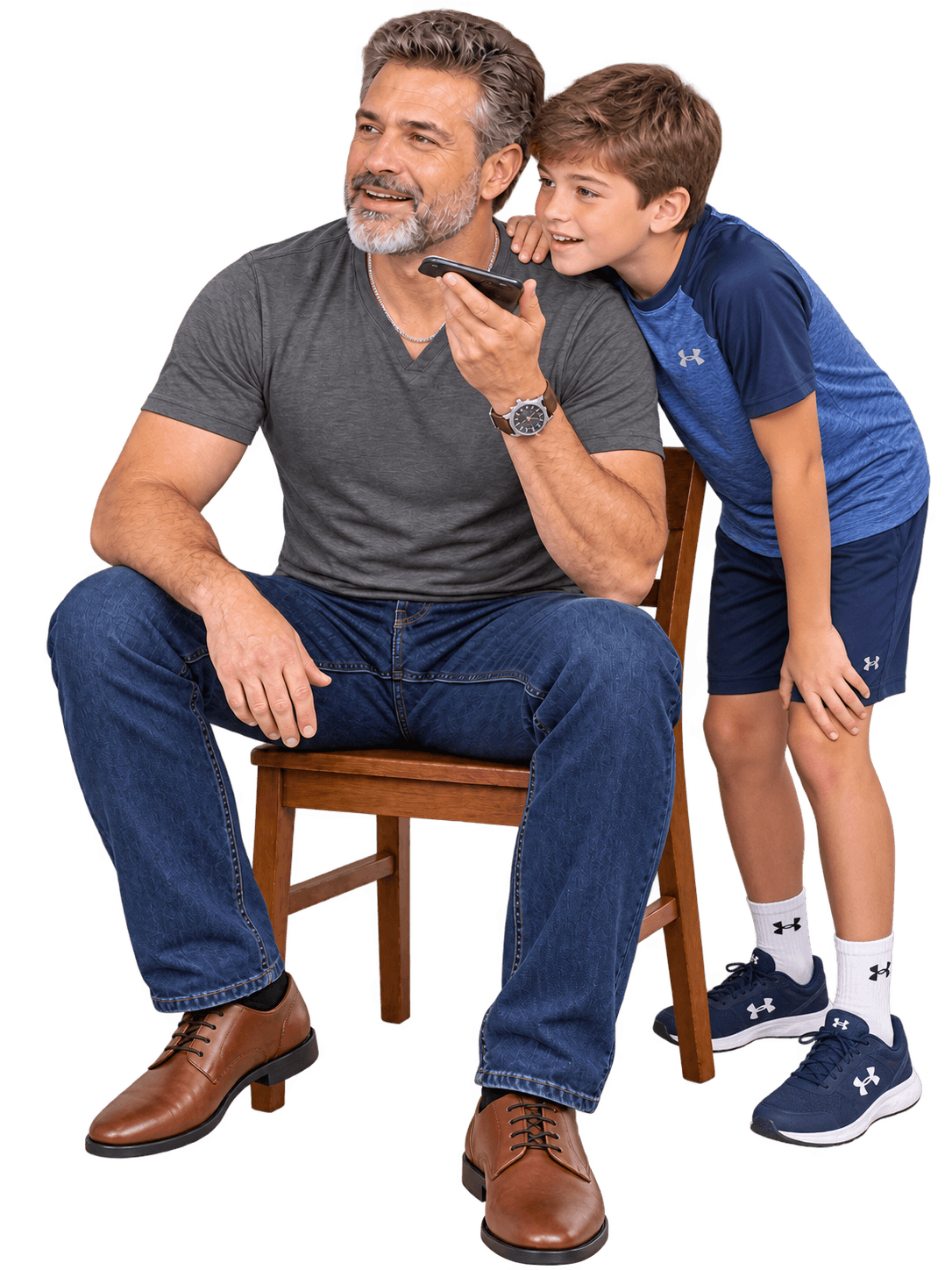 A father and his son listening to a voice message